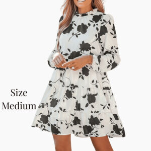 Black & White Floral Mini Dress, Ruffled Band Collar, Boho Style-Sz Medium